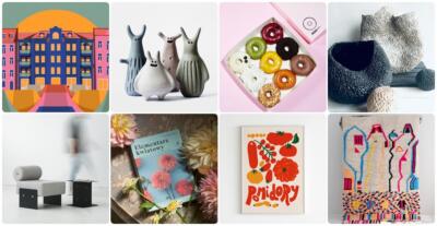 1. Ilustracja kolorowego budynku. Stylowe i nowoczesne wykończenie.2. Ceramiczne figurki-zwierzaki o zabawnym designie ozdobnym.3. Pudełko kolorowych pączków. Apetyczne i kreatywne wzornictwo.4. Stylowe