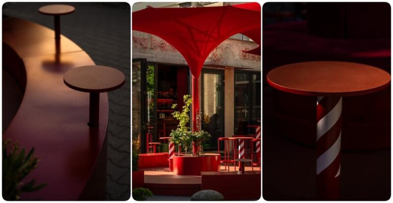 1. Nowoczesne czerwone stoliki w miejskiej przestrzeni relaksu.
2. Designerski czerwony parasol nad strefą relaksu.
3. Czerwony stolik z nowoczesnym wzorem.