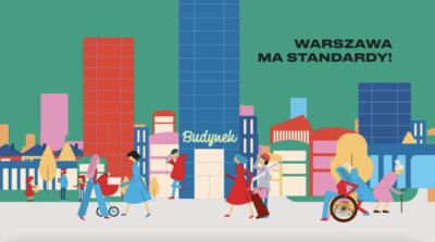Ilustracja miasta z nowoczesną architekturą i spacerującymi ludźmi.