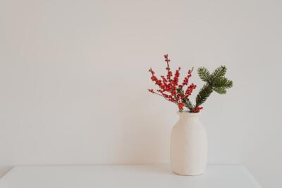 Minimalistyczny wazon z gałązkami i czerwonymi jagodami.