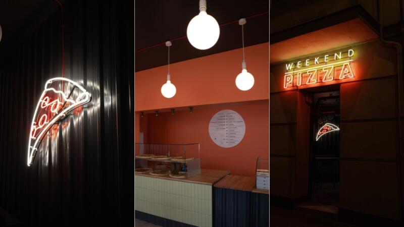 1. Neonowa pizza na czarnej ścianie, industrialny styl.
2. Nowoczesna pizza bar, ciepłe oświetlenie wewnętrzne.
3. Neonowy szyld Pizza Weekend, minimalistyczny design.