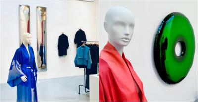 Manekiny w stylowych kimonach, elegancja w minimalistycznym wnętrzu.