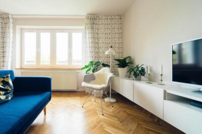 Przytulny salon z niebieską sofą, białymi szafkami i zielonymi roślinami.