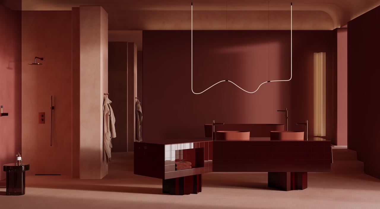 Nowoczesna łazienka w ciepłych odcieniach z designerskim oświetleniem.