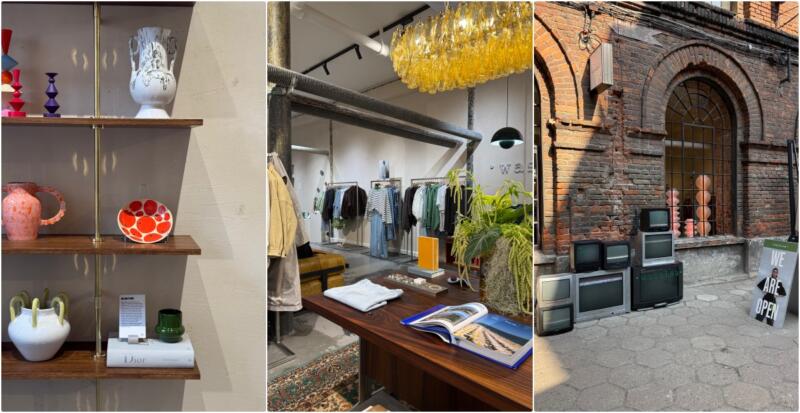 1. Stylowe półki z designerską ceramiką i książkami.
2. Nowoczesny butik z eleganckimi ubraniami i roślinami.
3. Industrialna elewacja z retro telewizorami i plakatem.