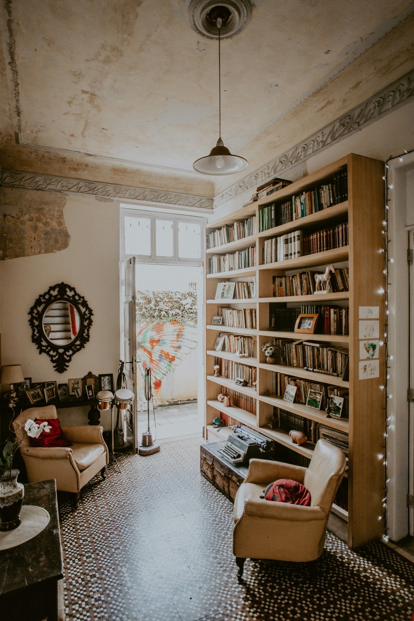 Przytulne wnętrze z regałem pełnym książek i stylowym fotelem.
