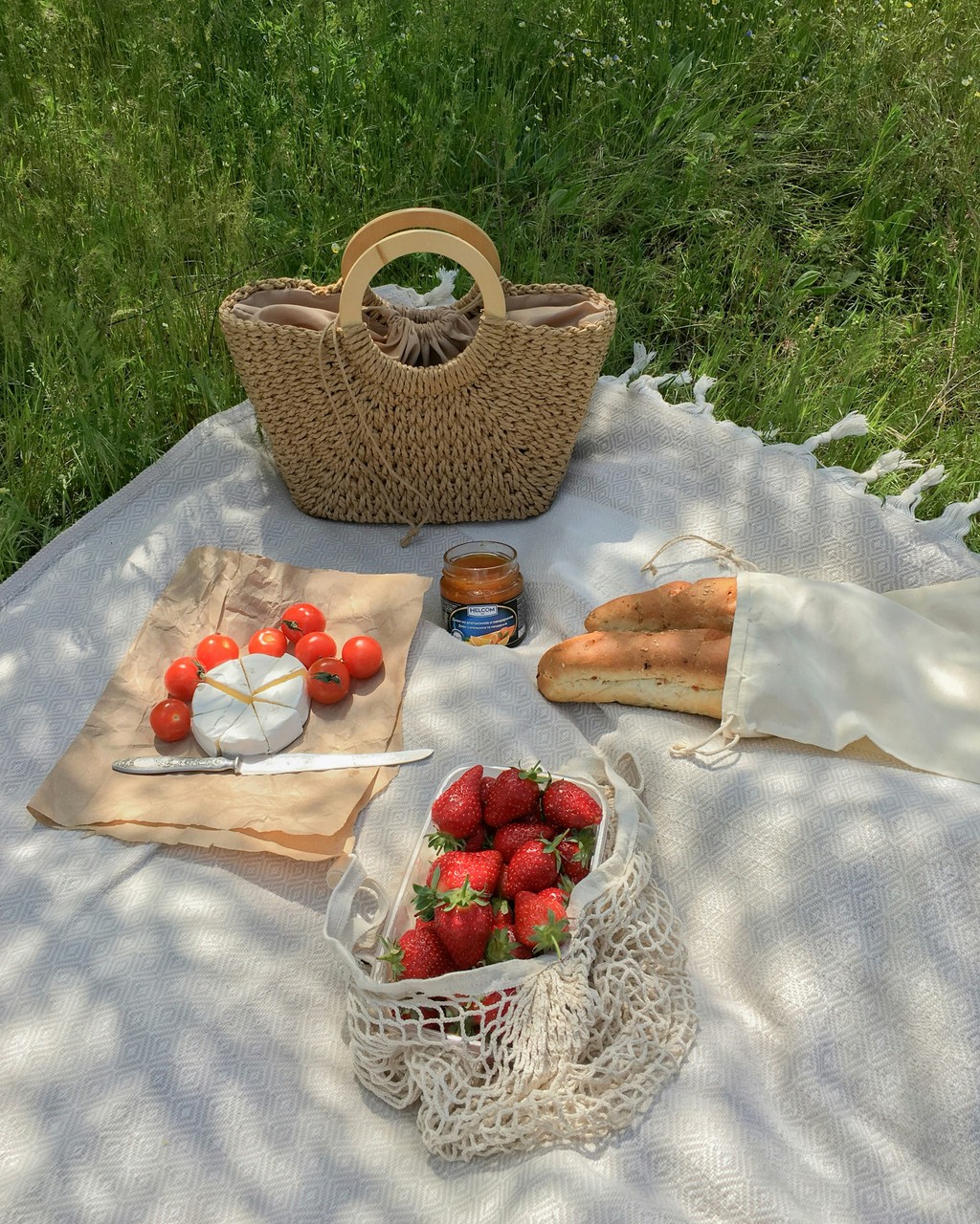 Piknik na trawie z serem, bagietką i świeżymi owocami.