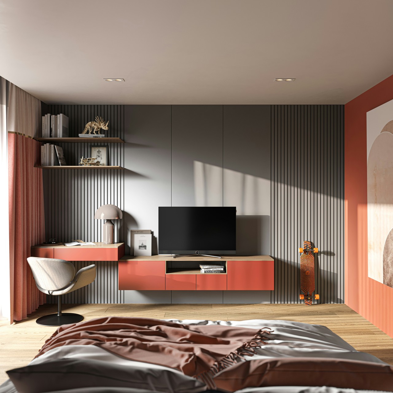 Nowoczesna sypialnia z designerskim biurkiem i minimalistycznym TV.
