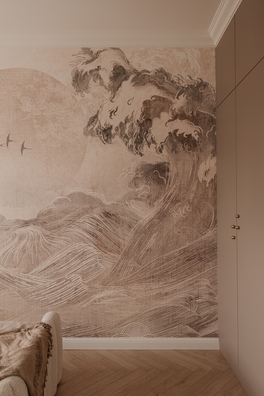 Mural inspirowany sztuką japońską na ścianie w eleganckim wnętrzu.