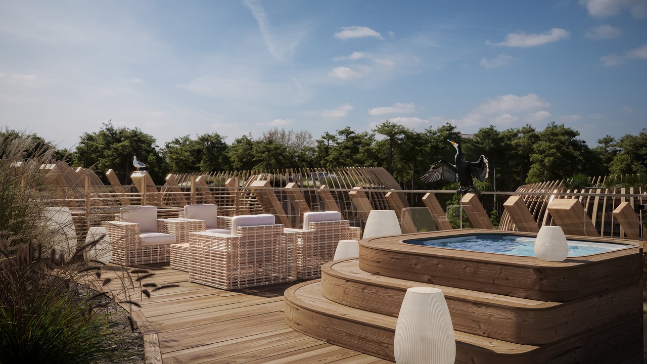 Drewniany taras z jacuzzi w nowoczesnym designie, natura w tle.