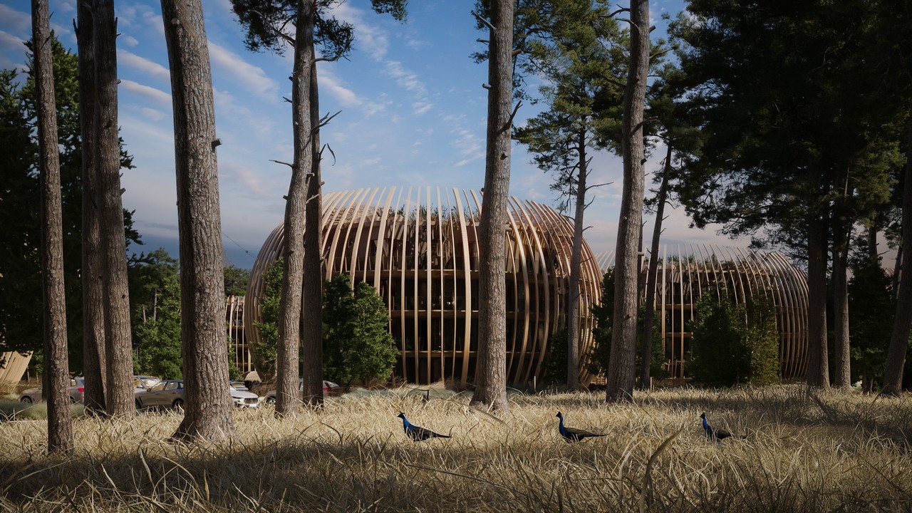 Futurystyczna architektura drewniana wśród drzew.