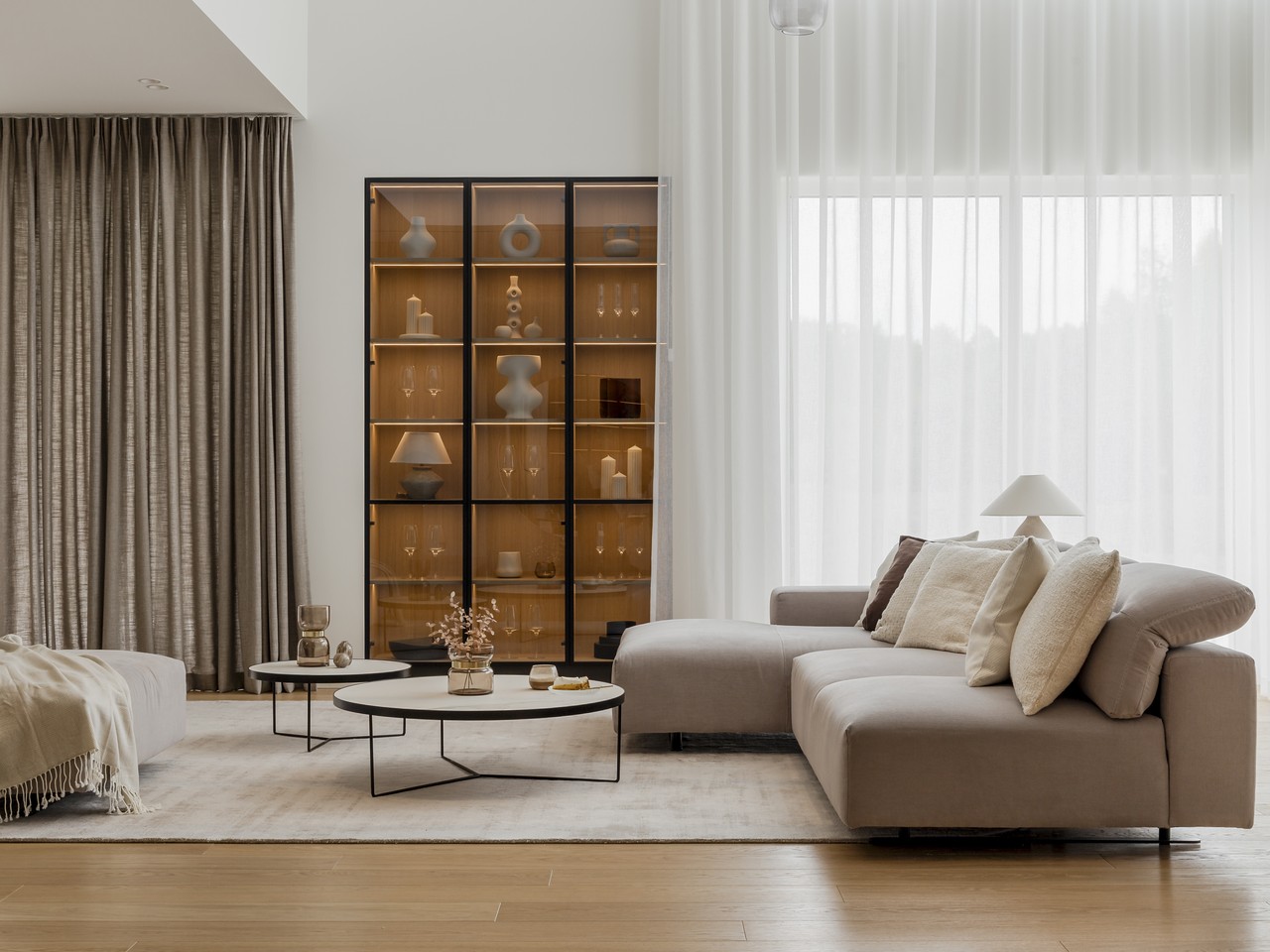 Przytulny salon z nowoczesną sofą i elegancką przeszkloną witryną.