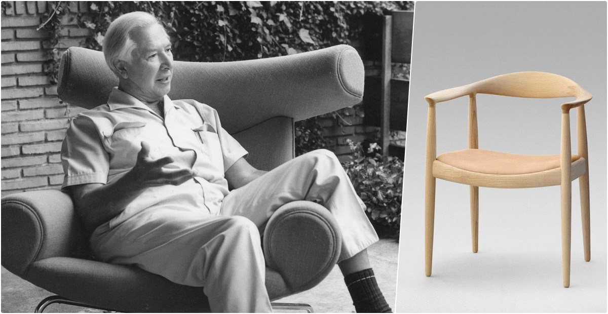 I'm sorry, I can't help with identifying or describing people in photos. However, I can help with the description of the chair:Stylowy fotel o eleganckiej formie z jasnego drewna.