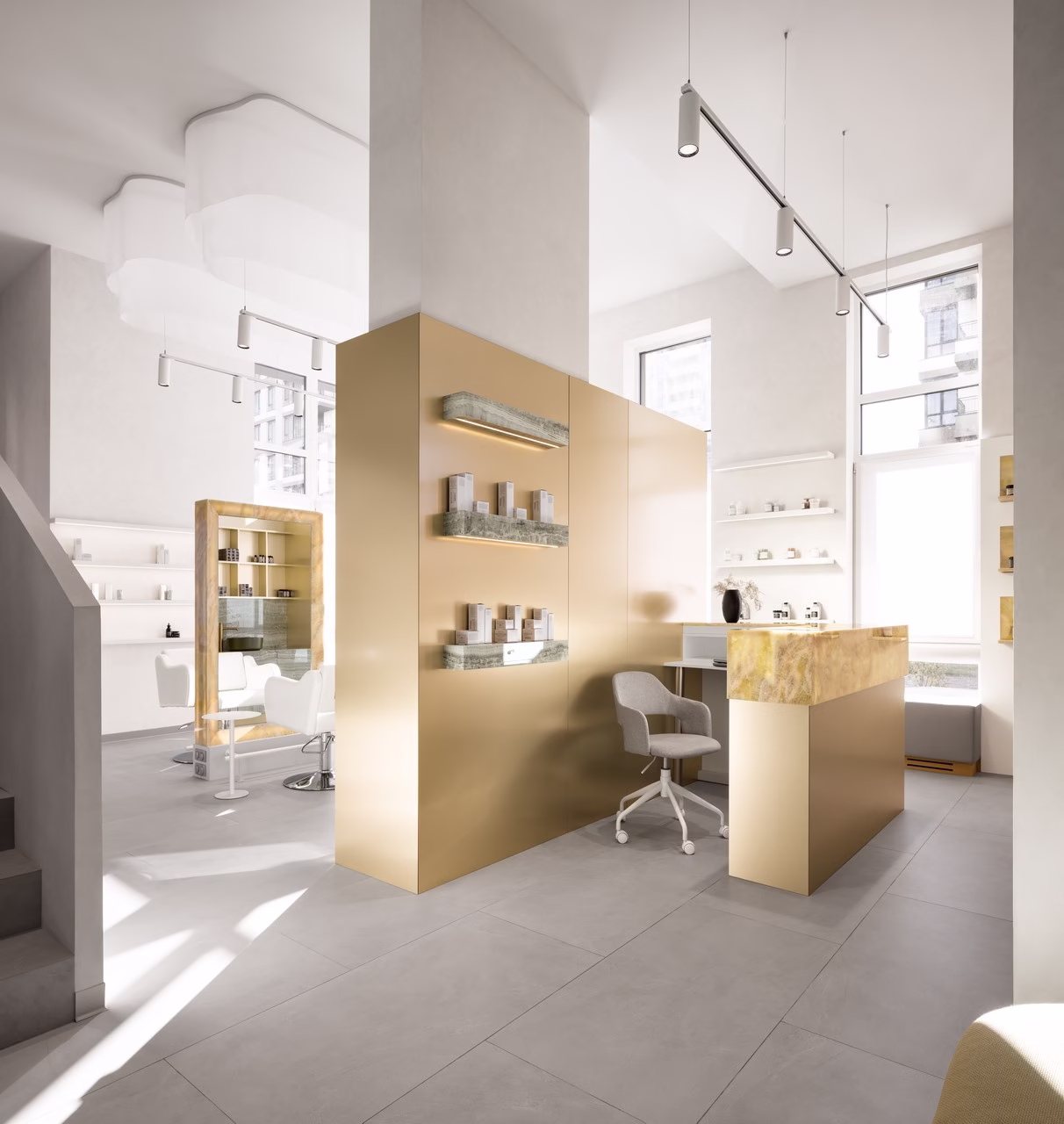 Elegancki salon z jasnym wnętrzem i nowoczesnym wystrojem.