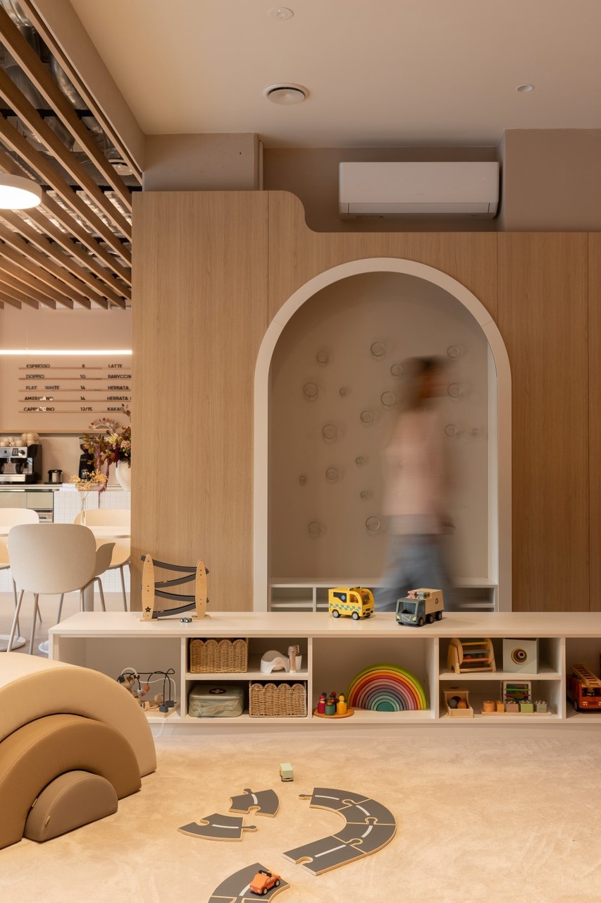 A modern play space for children with natural wood.