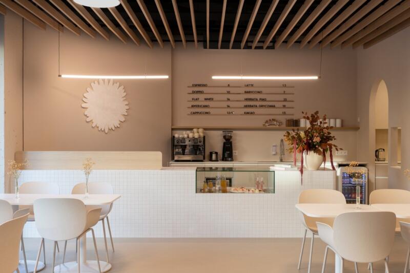 A cozy cafe with modern decor and elegant details.