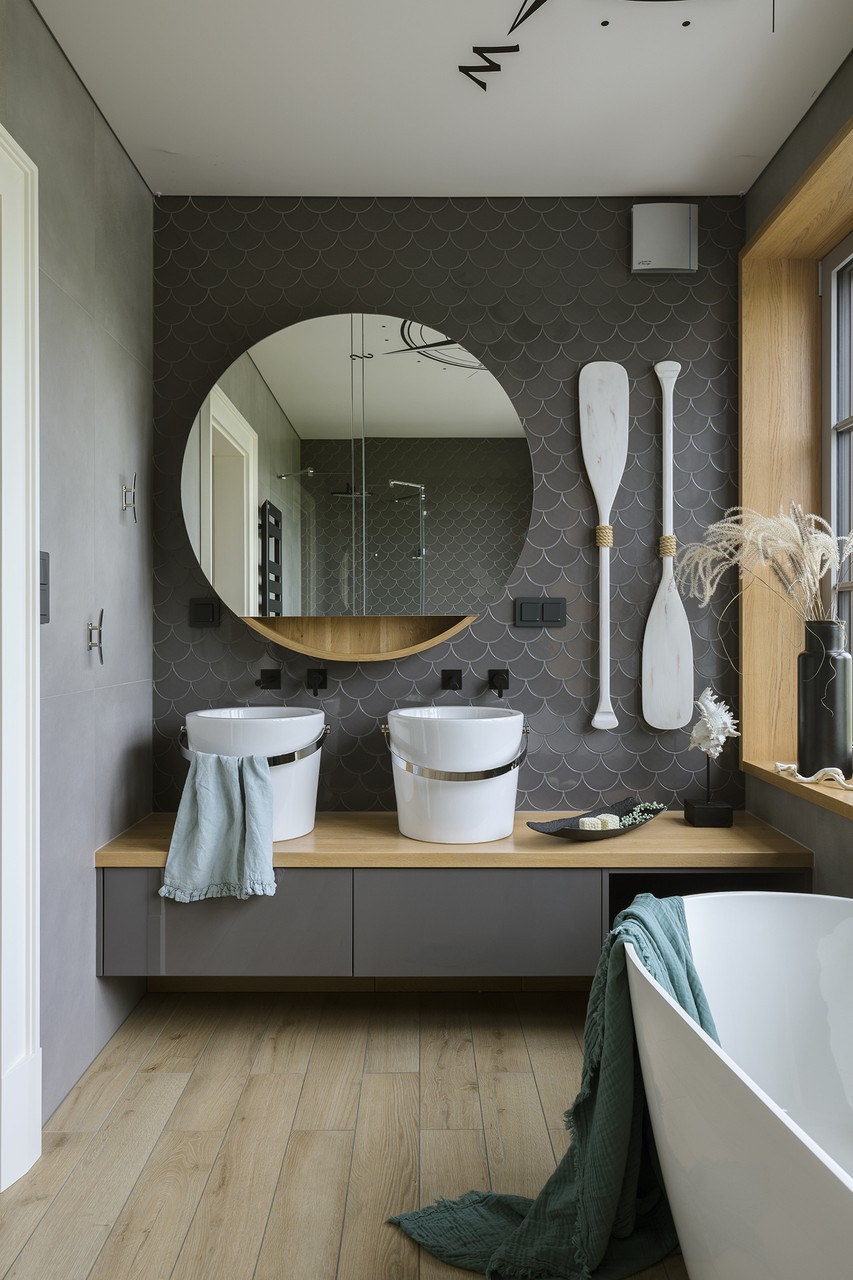 Modern bathroom with round mirror and white sinks.