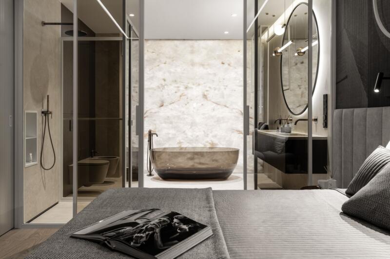 Luxurious bathroom with stone bath and elegant lighting.