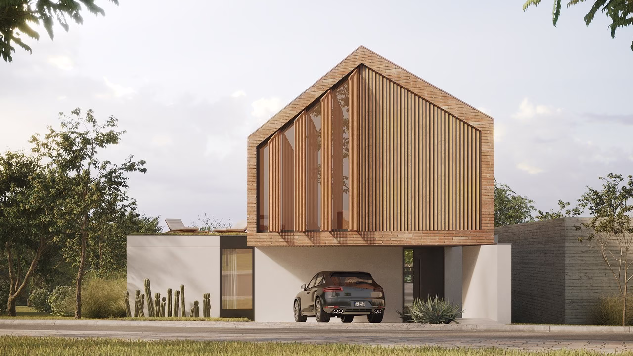 Nowoczesny dom z cegły, duże przeszklenia, elegancki samochód.