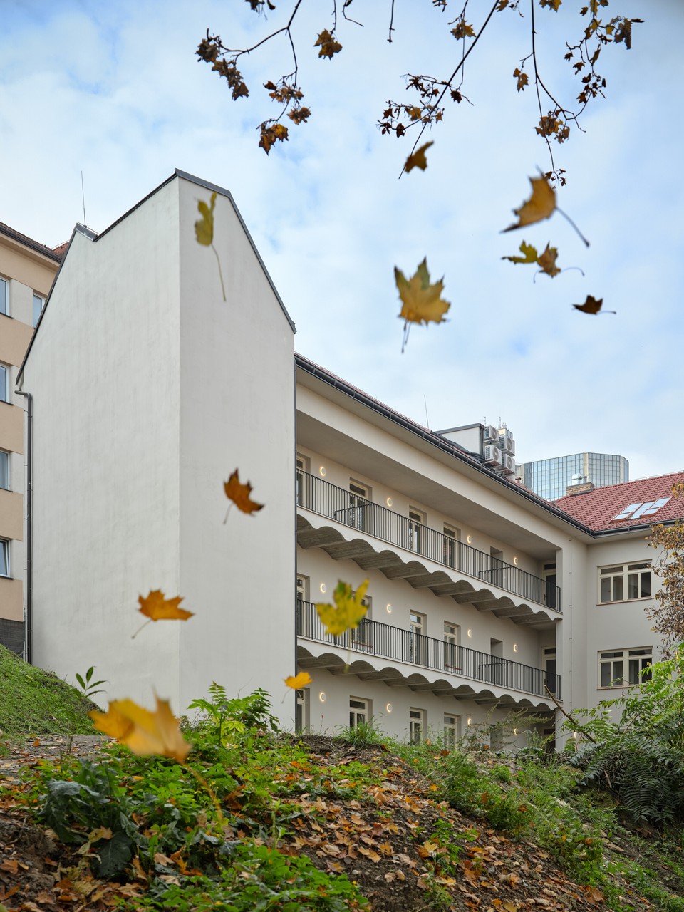 Budynek z widokiem na jesienne liście, nowoczesna architektura.