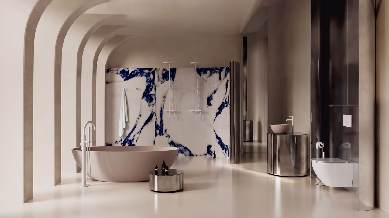 Elegancka łazienka z marmurowymi akcentami w nowoczesnym stylu.