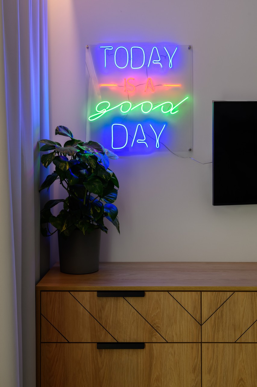 Nowoczesny neon z rośliną, stylowy drewniany regał.