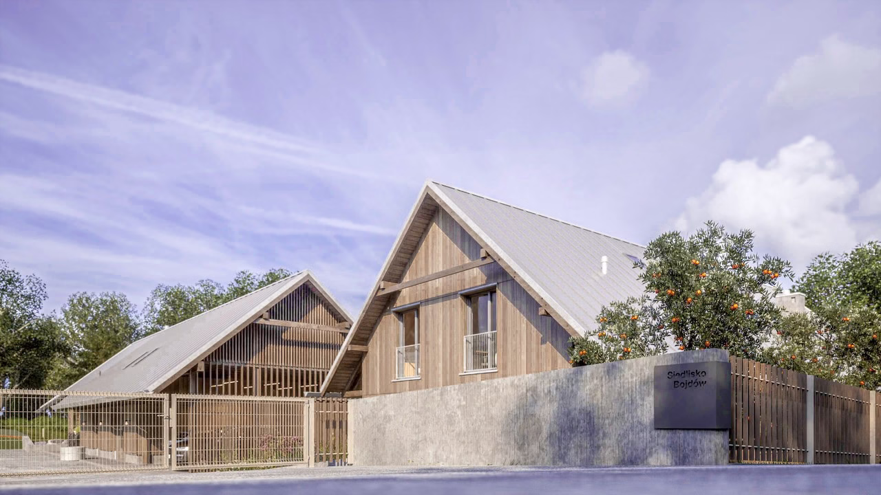 Nowoczesna architektura z drewnianymi elementami i zielonym ogrodem.