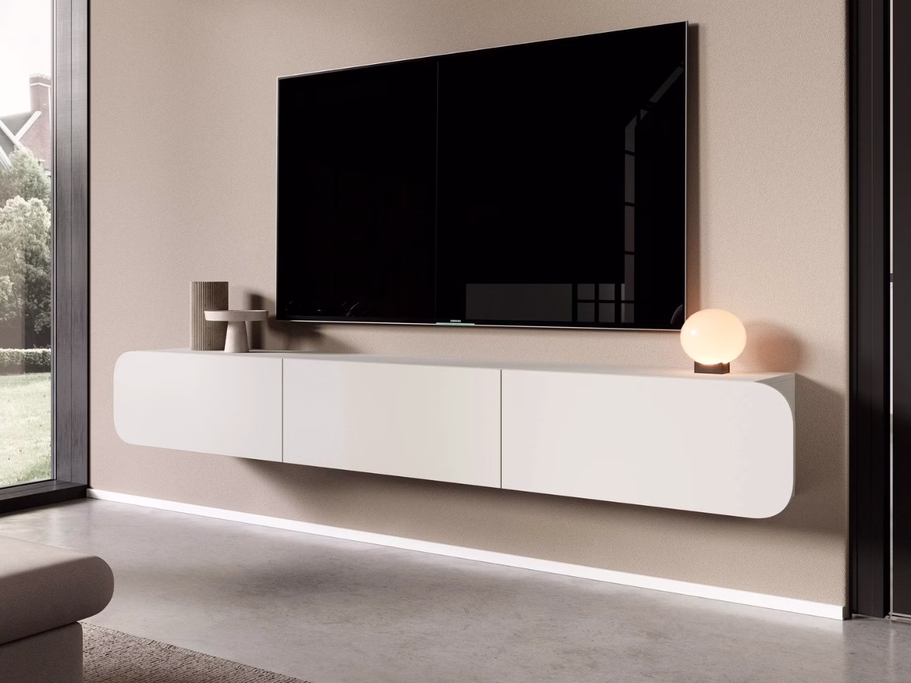 Nowoczesny salon: minimalistyczna szafka RTV i stylowe oświetlenie.