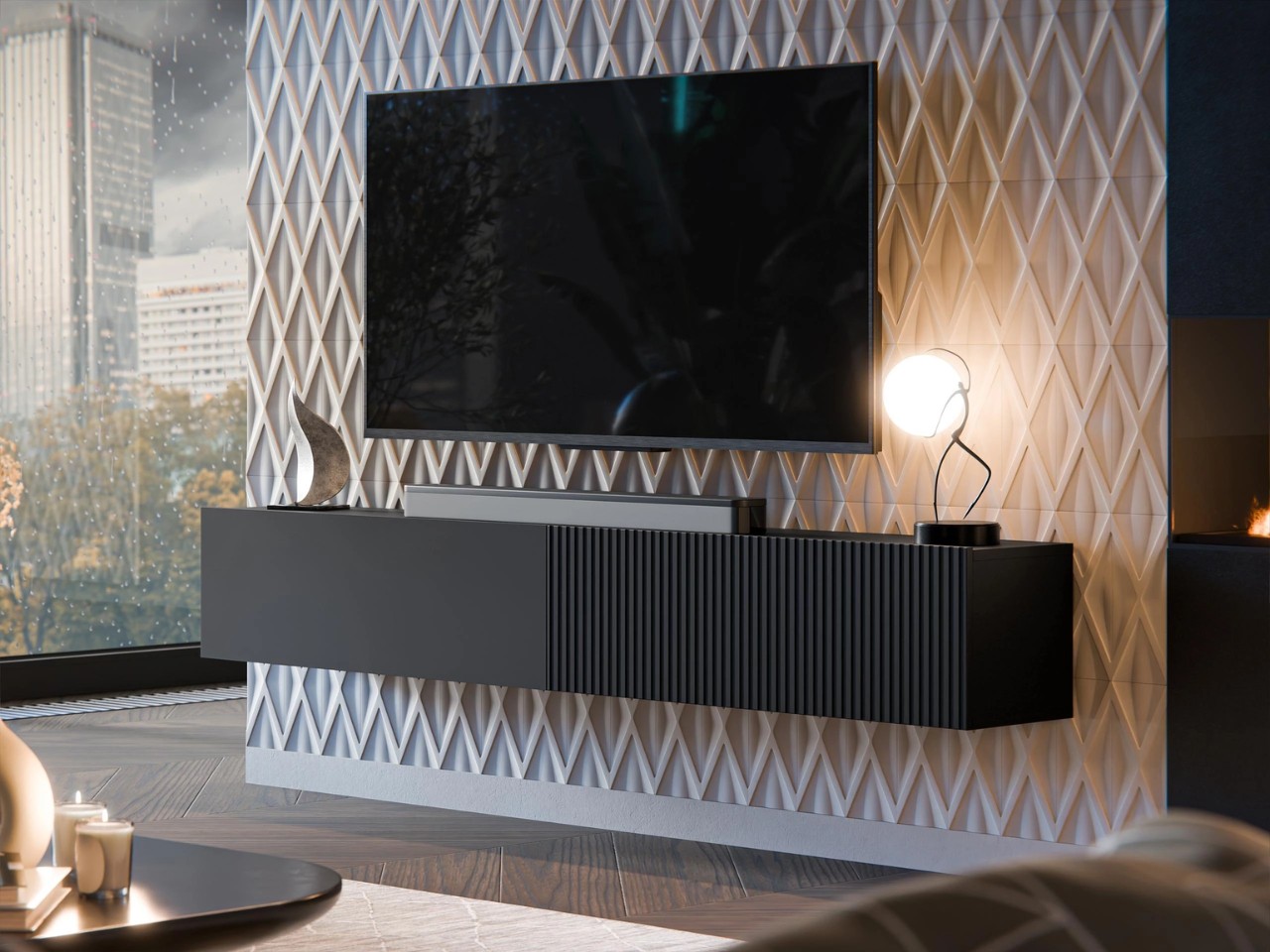 Nowoczesna ściana TV z designerską lampą i eleganckimi panelami.