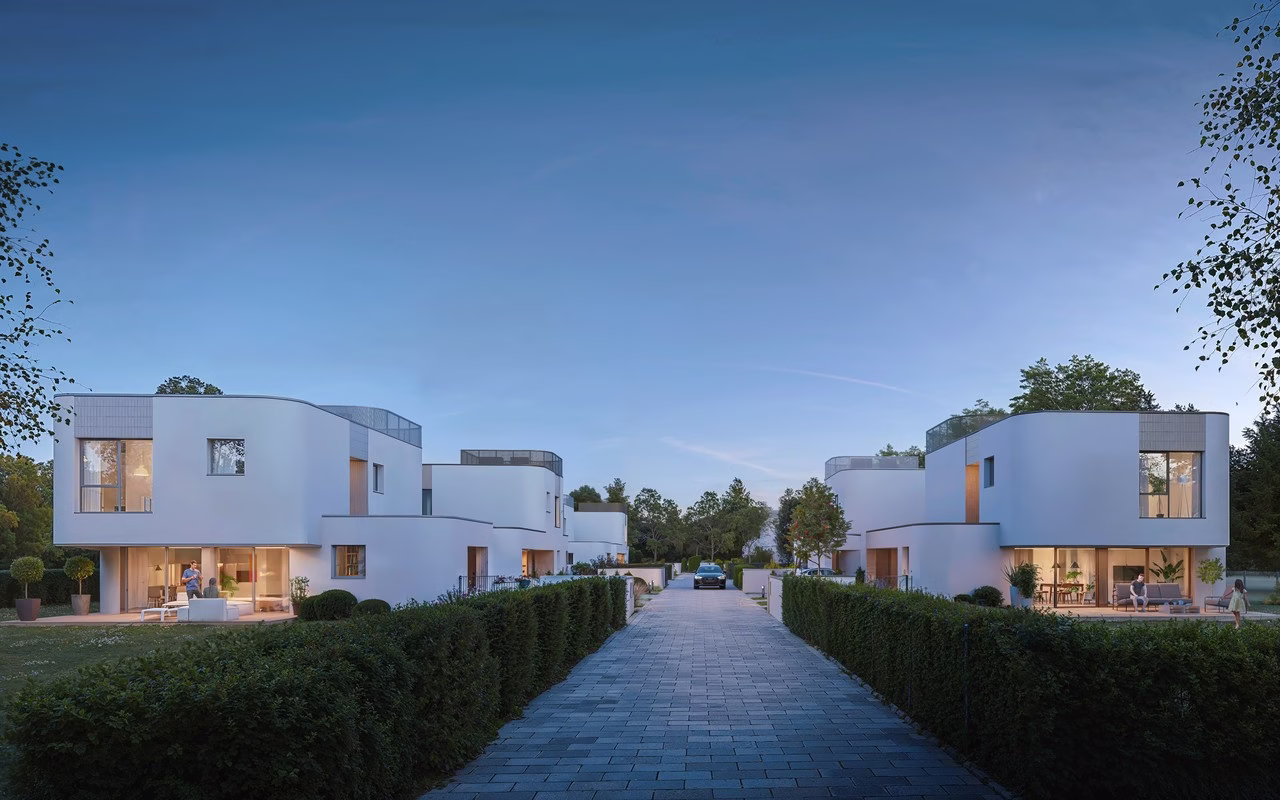 Nowoczesna architektura willowych domów w spokojnej okolicy.