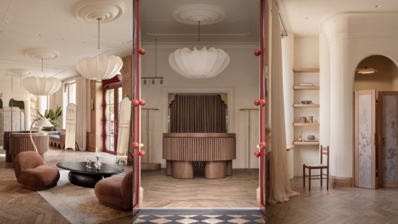 Eleganckie wnętrze z designerskimi lampami i drewnianą podłogą.