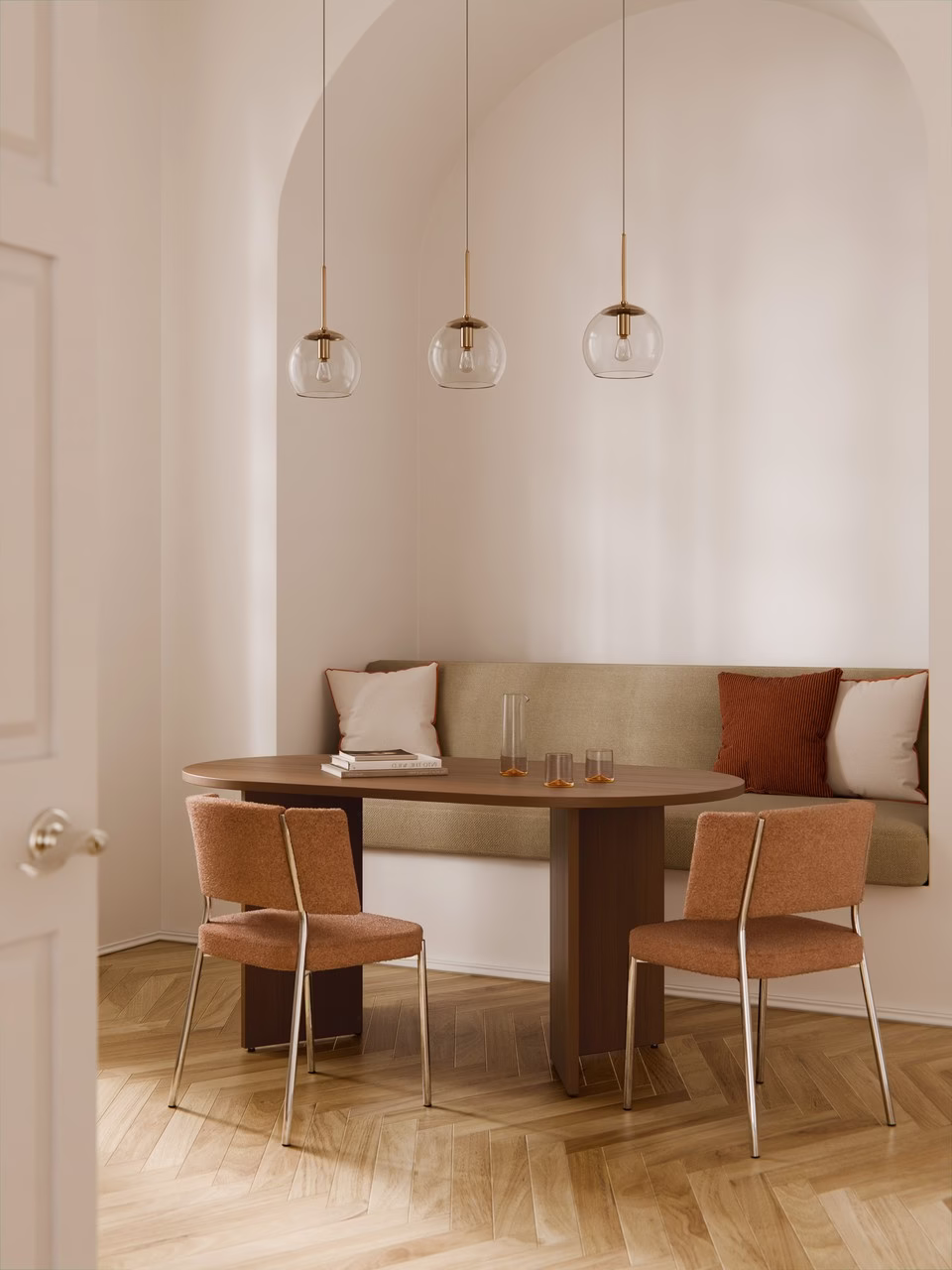 Przytulny kącik jadalny z eleganckimi lampami i krzesłami.