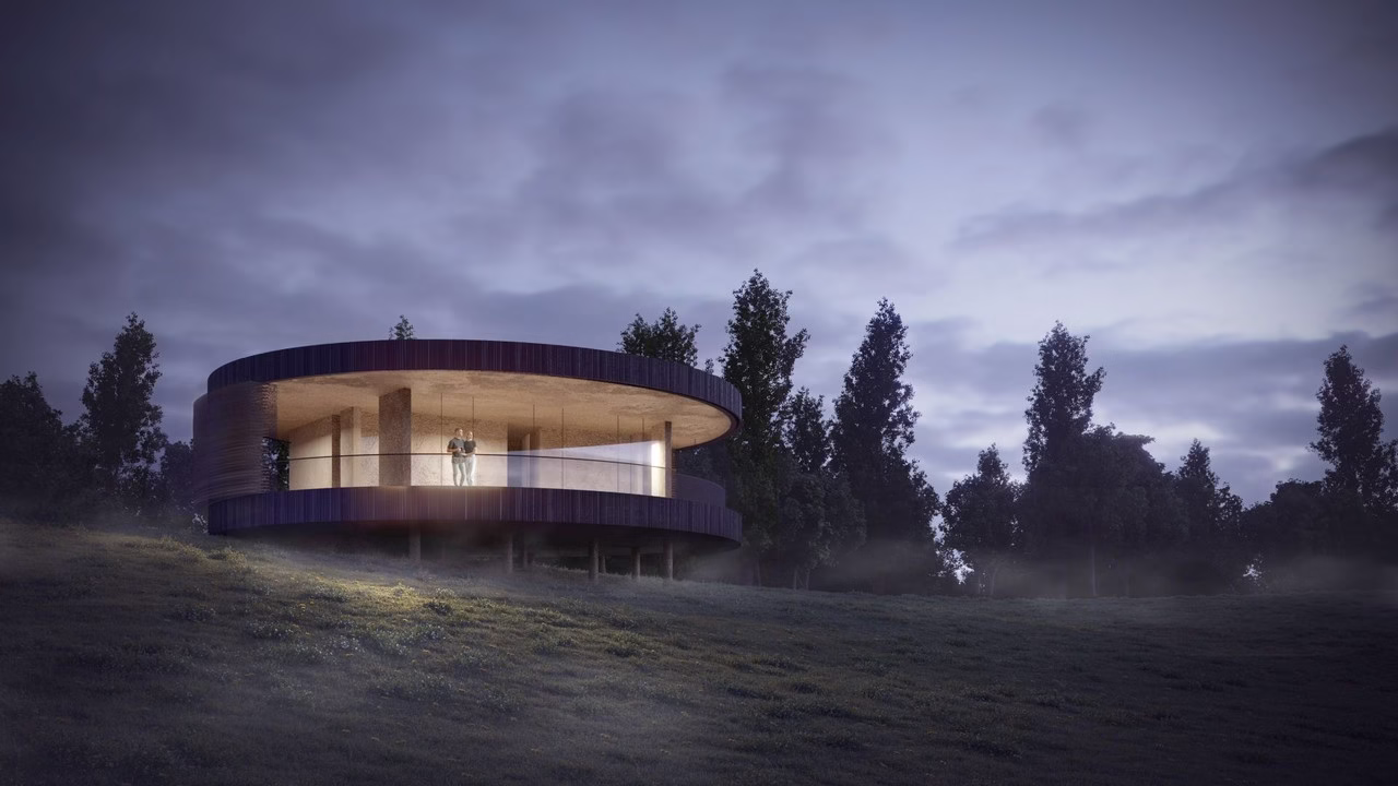 Nowoczesny pawilon w otoczeniu natury i wieczornego nieba.