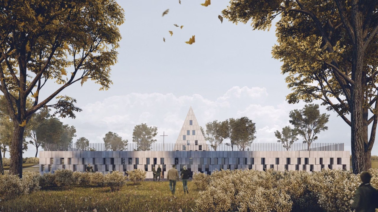 Nowoczesna architektura sakralna w otoczeniu natury.