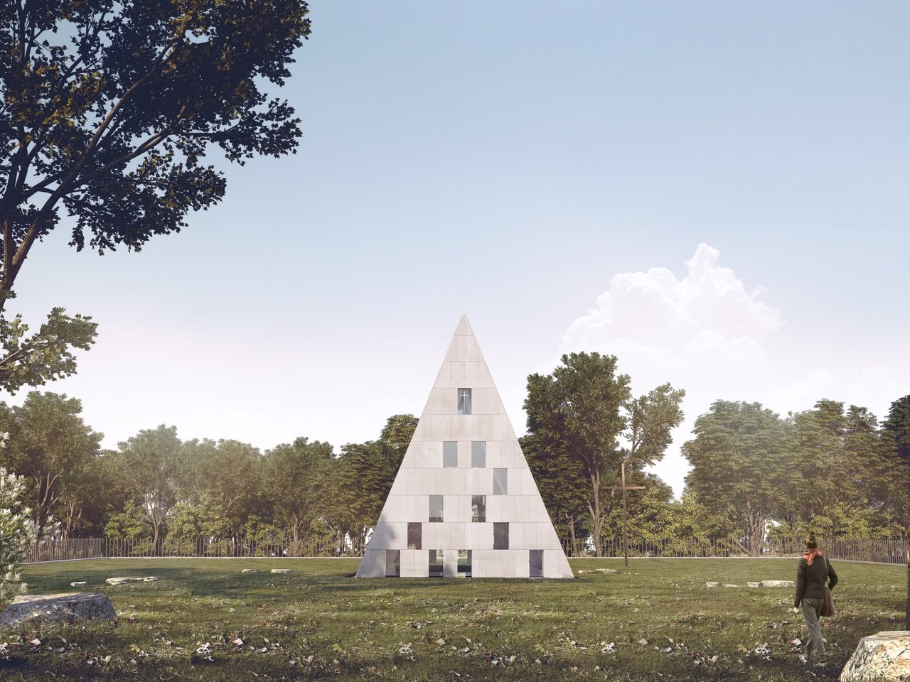Piramida w nowoczesnym parku, minimalistyczna architektura.