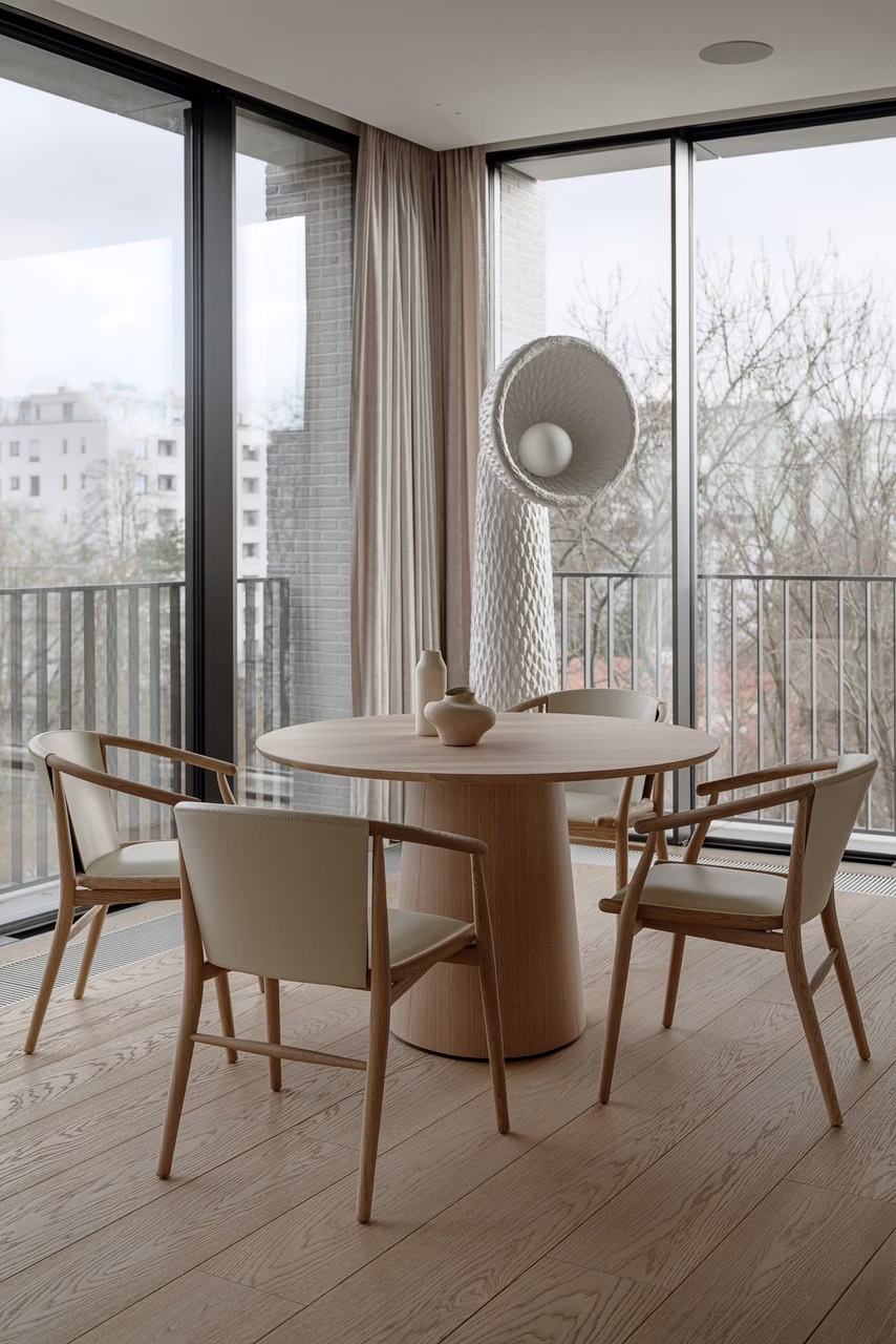 Nowoczesne wnętrze z okrągłym drewnianym stołem i minimalistycznymi krzesłami.