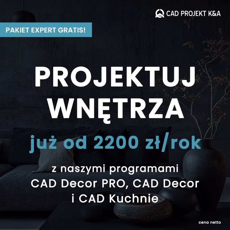 Projektowanie wnętrz z CAD Decor PRO, ciemne eleganckie tło, nowoczesna stylistyka.