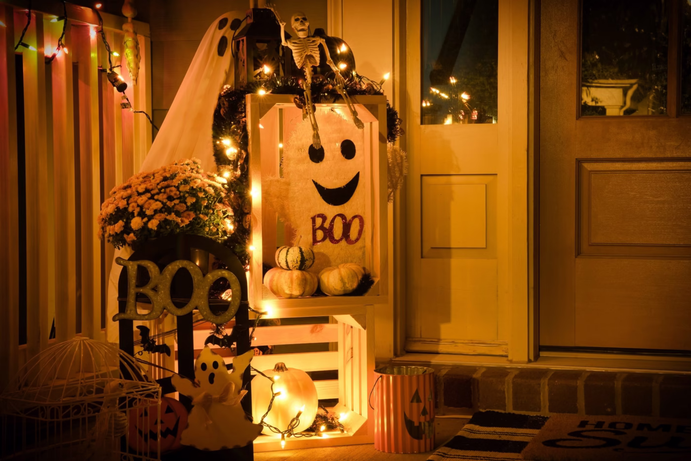 Halloweenowa dekoracja z dyniami, szkieletami i jasno oświetlonymi lampkami.
