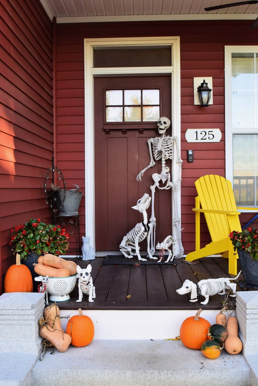 Czerwony ganek z dekoracją Halloween z dyniami i szkieletami zwierząt.