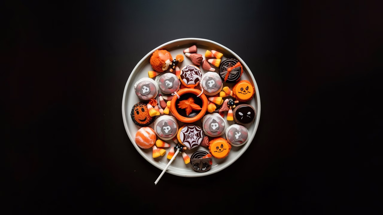 Kolorowe halloweenowe ciasteczka i cukierki na białym talerzu.