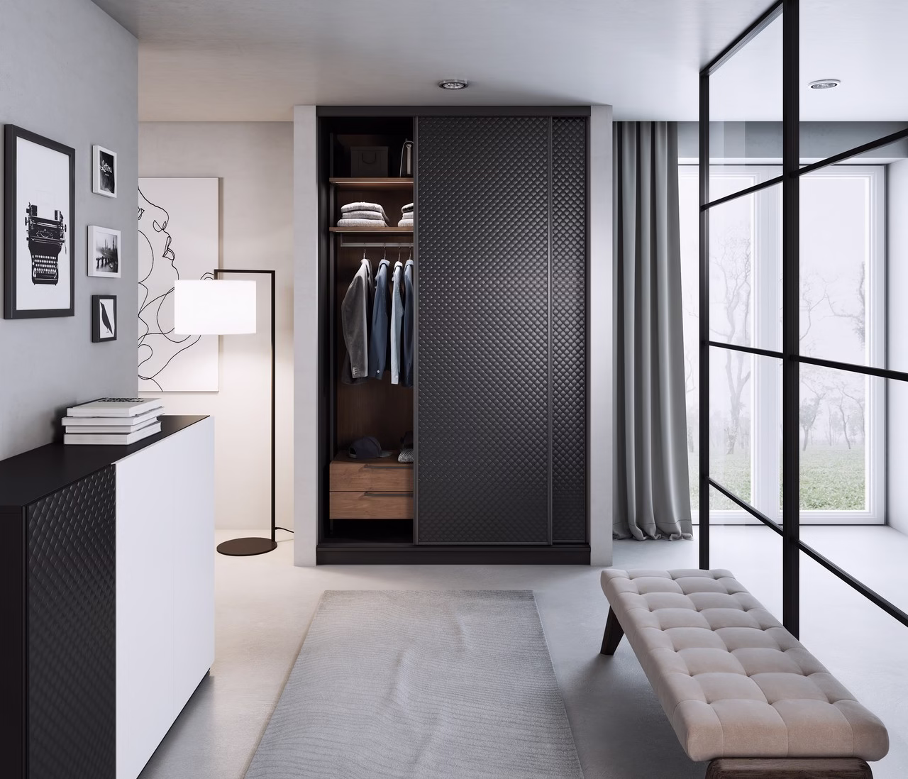 Minimalistyczne wnętrze z szafą, eleganckim oświetleniem i nowoczesnymi detalami.