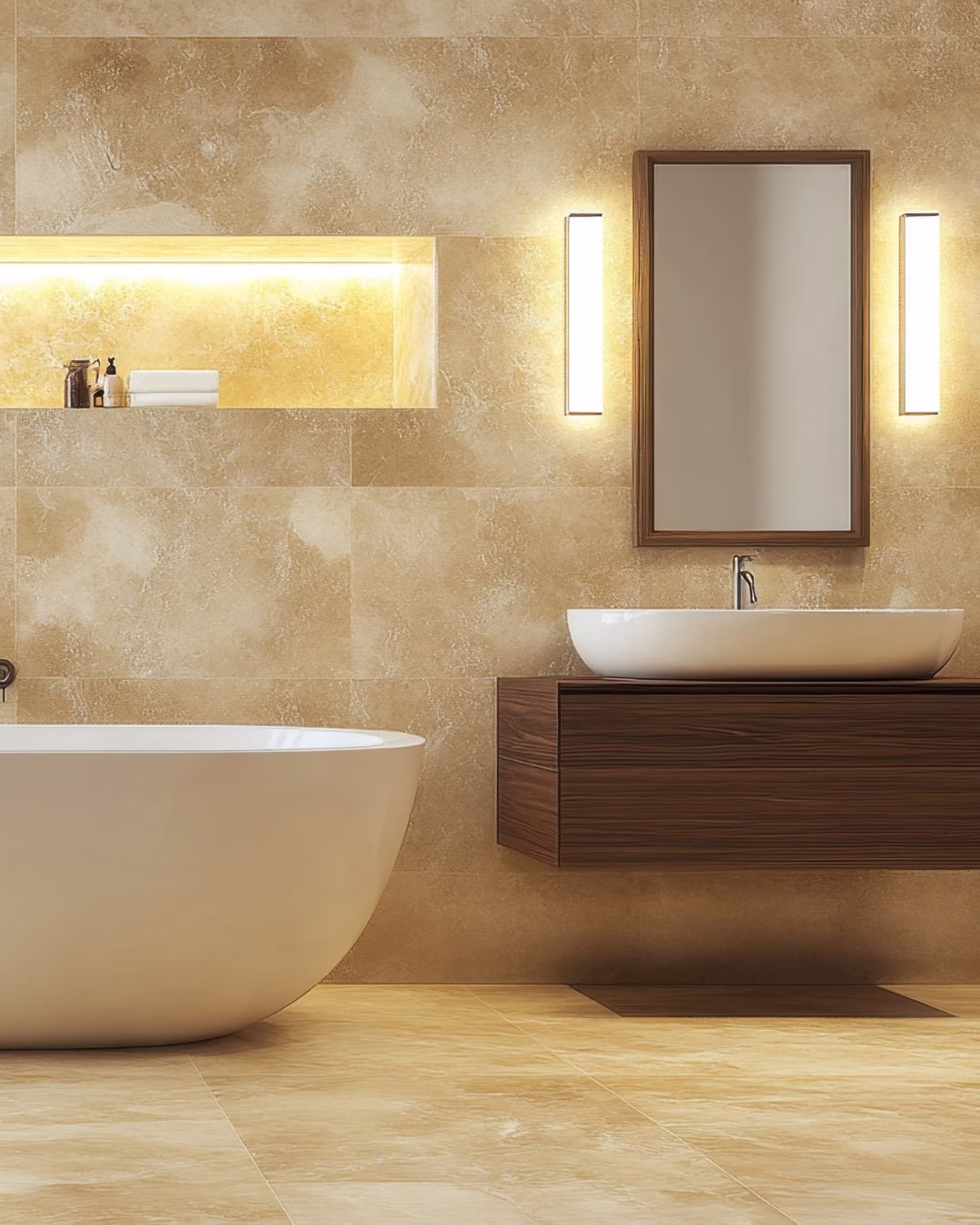 Luksusowa łazienka z wolnostojącą wanną, wisząca umywalka, ciepłe kolory.