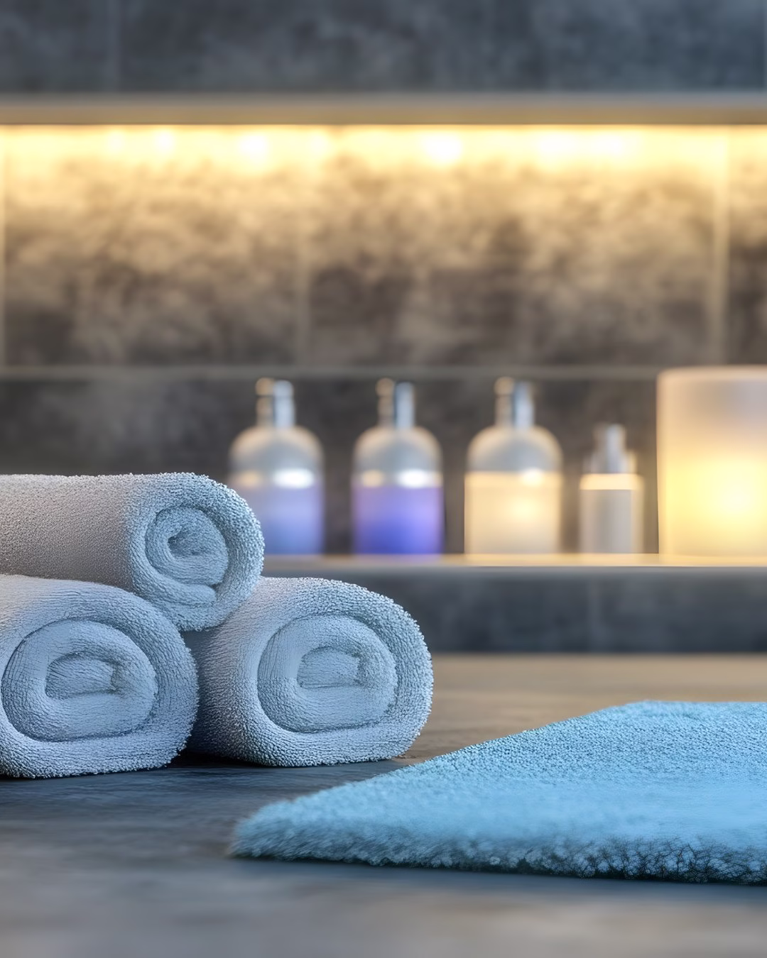 Rolowane ręczniki na tle elegancko oświetlonej, nowoczesnej łazienki.