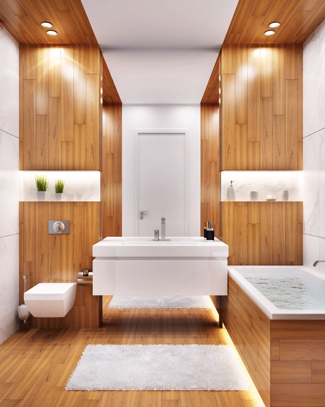 Elegancka łazienka z białą ceramiką i drewnianymi panelami na ścianach.
