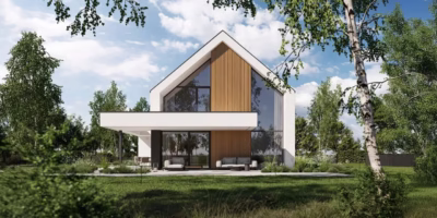 Nowoczesny dom z drewnianymi akcentami i szklanymi drzwiami w ogrodzie.