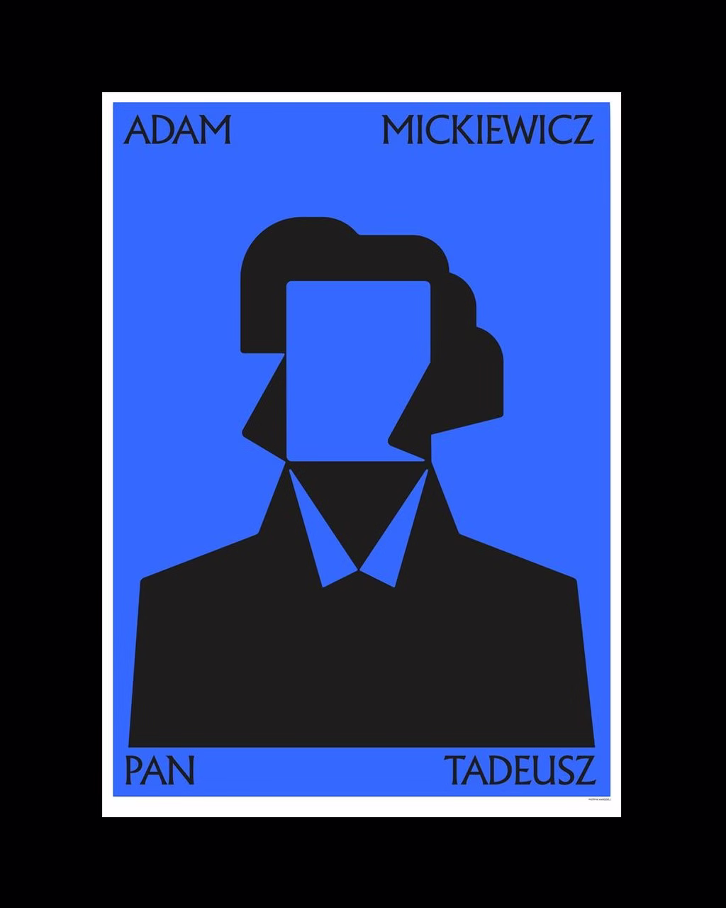 Niebiesko-czarny plakat, geometryczna sylwetka literackiego autora.