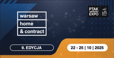 Plakat targów Warsaw Home & Contract 2025, niebiesko-pomarańczowa grafika.