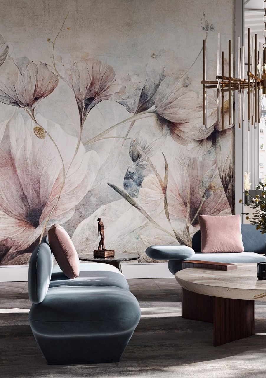 Elegancki salon z aksamitną sofą, kwiecista tapeta, złoty żyrandol.