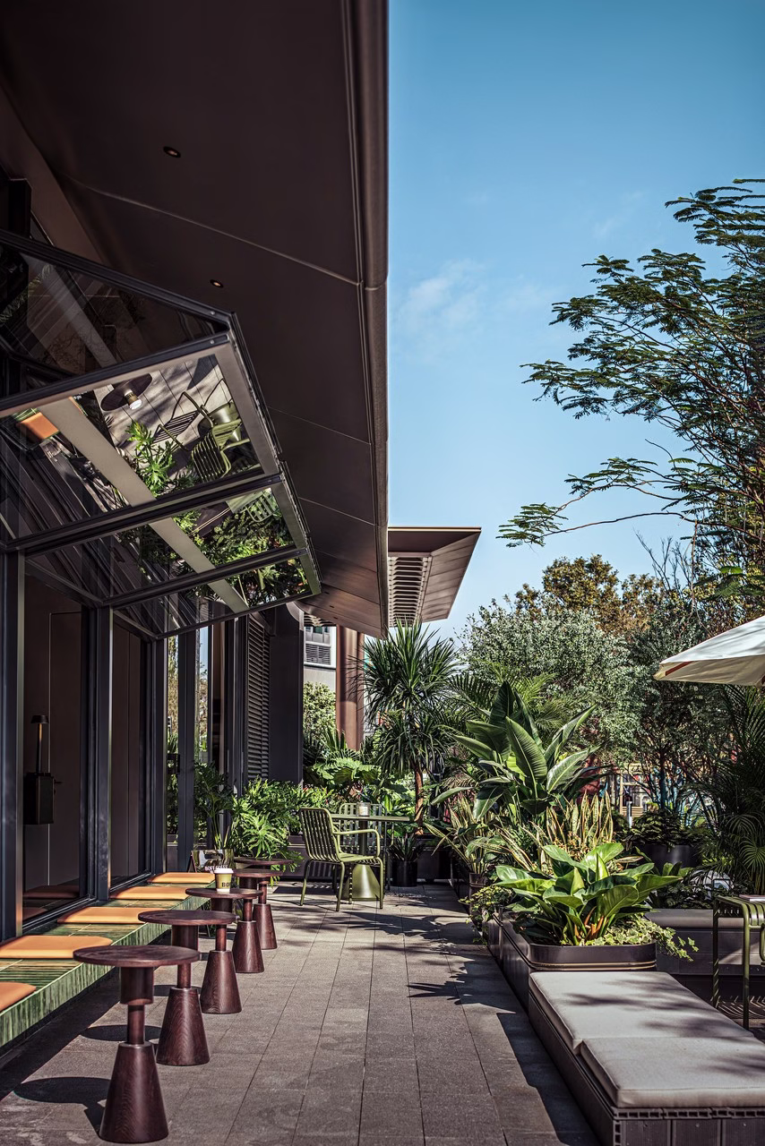 Taras z nowoczesnym wystrojem, zielone rośliny, drewniane ławki, szare płytki.